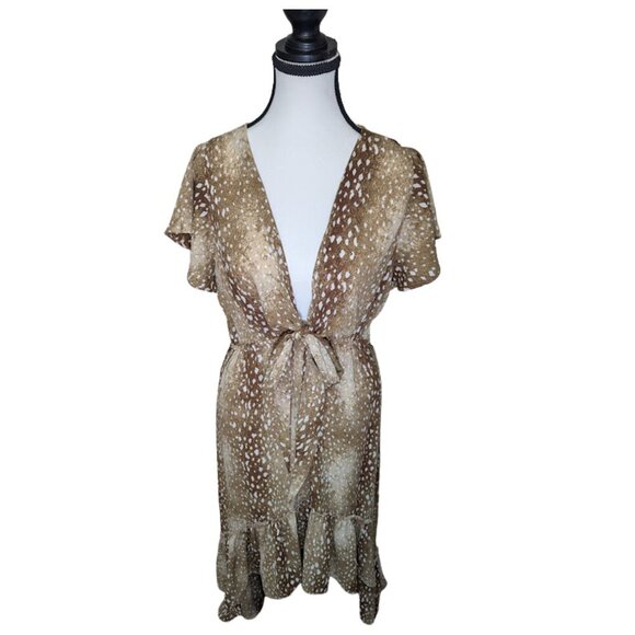 Buddy Love High-Low Ruffle Hem Dress Brown Animal Print Flutter Sleeve Western - Picture 2 of 12